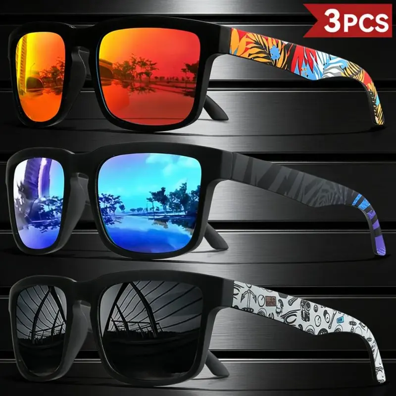 2026 Latest Model Unisex 3Pcs Square Polarized Eyewear – Colorful Graffiti Temples UV400 Protection for Outdoor Use, TikTokShopBlackFriday President’s Day Deal