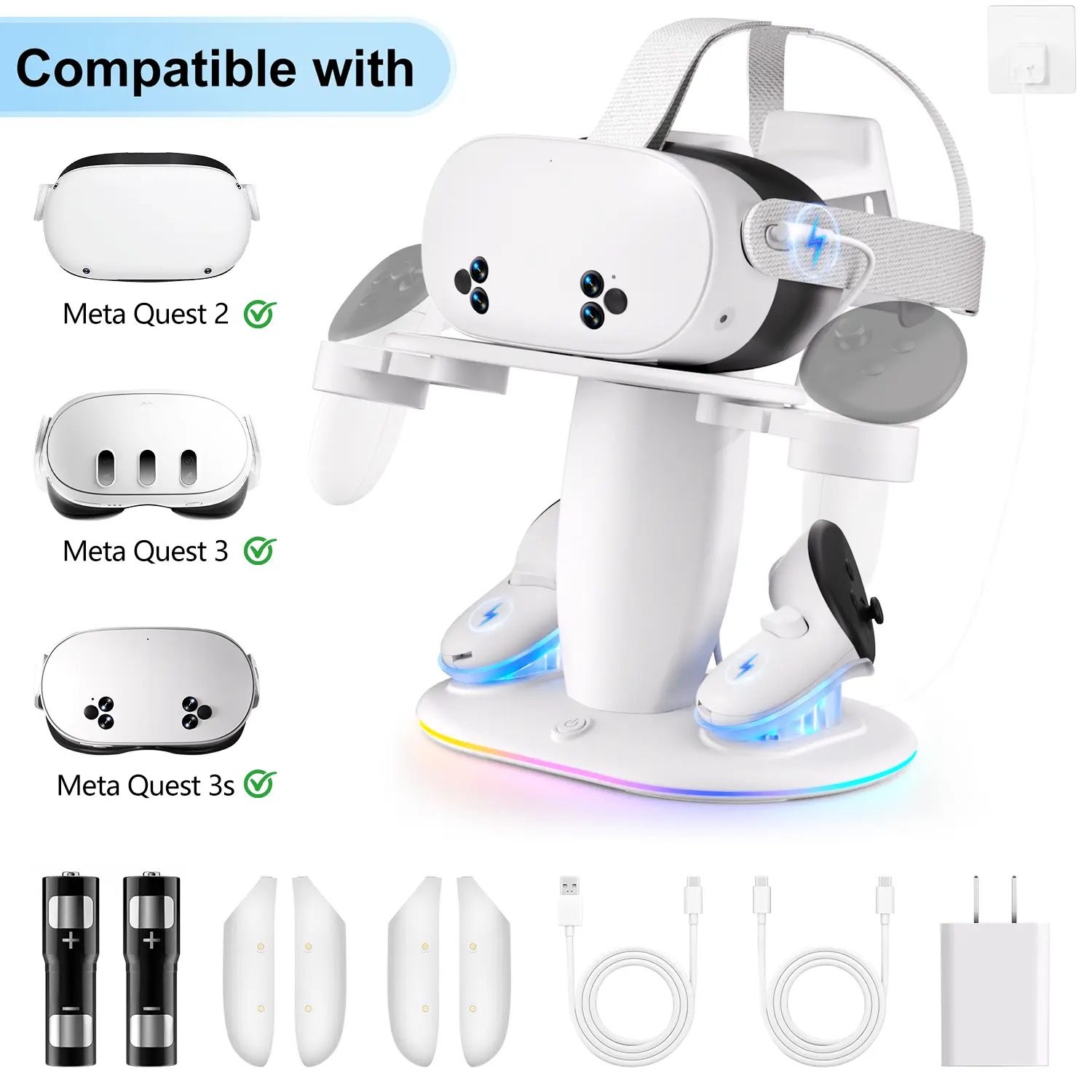 Charging Dock for Meta Quest 3S/3/2,For Magnetic Charging Station for Oculus Quest 3S/3/2 Accessories with RGB Light, Charging Stand for VR Headset & Controller with 2 Rechargeable Batteries (White)