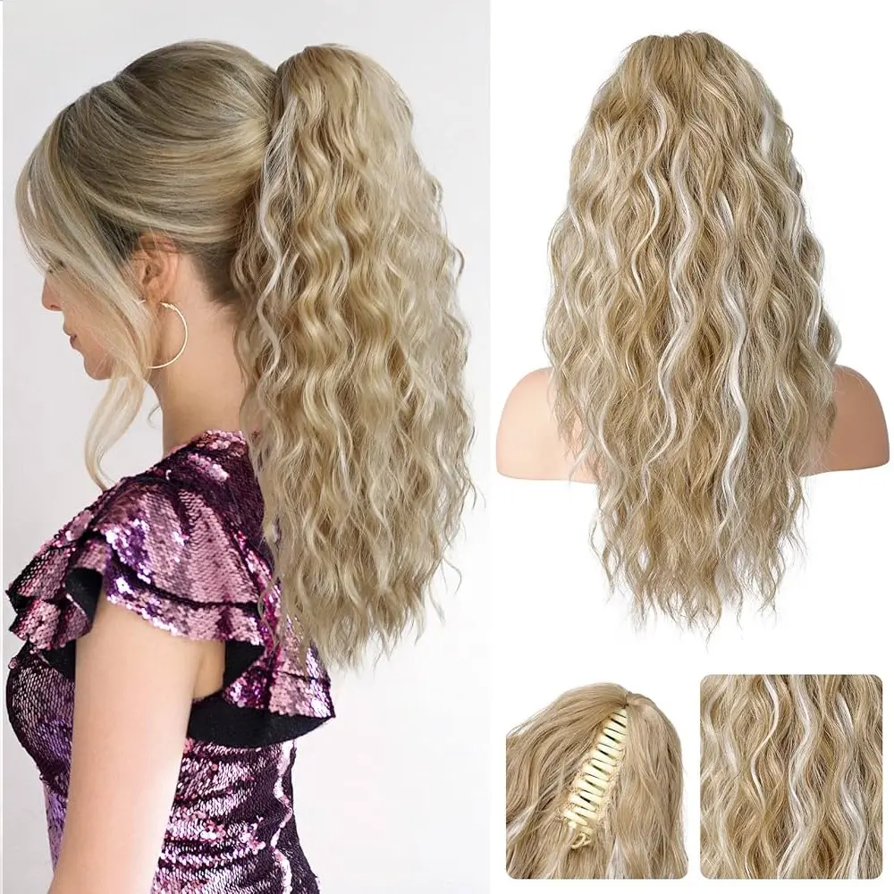 Ponytail Extension 18 Inch Claw Clip ponytail extension Ombre Brown Soft Curly Clip on Ponytails for Women Natural Synthetic Layered Pony Tails Hair Extensions Easy To Go
