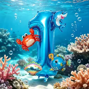 7-Piece Ocean Theme Birthday Balloon Set, Includes 32-Inch Blue Number Foil, Mini Shark, Lantern Fish, Crab, Colorful Shell Balloons