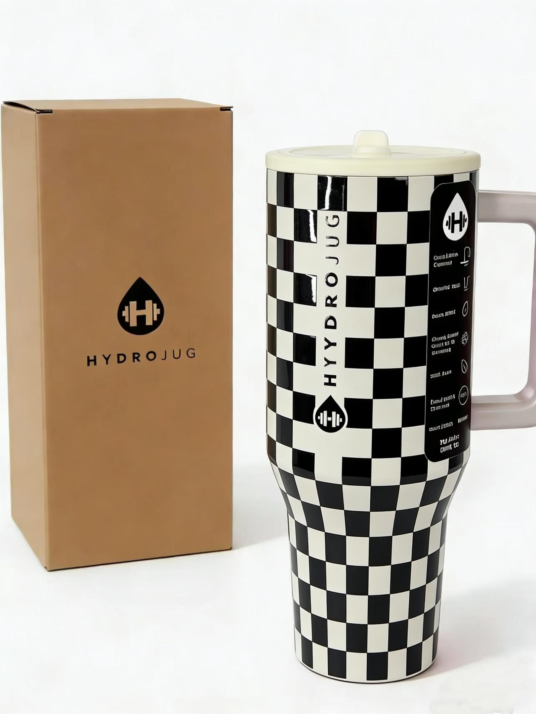HydroJug Checkerboard Tumbler 40oz Insulated Leak-Proof BPA-Free Portable Drinkware Mug with Ergonomic Handle for On-the-Go Life Lightweight Stylish Flasks Bottles