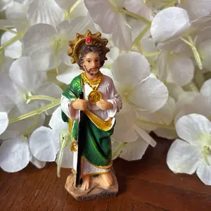 Figurita de San Judas Tadeo - Handcrafted Religious Icon with Intricate Gold Accents and Green Robe