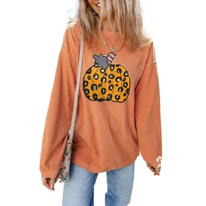 Women's Orange Leopard Pumpkin Patchwork Ribbed Sweatshirt