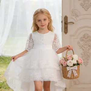 3115 Toddler Baptism Party Girls Dress Fashion Flower Birthday Prom Elegant Banquet Piano Performance Beading Bow Lace Mesh Trailing Skirt Ball Gown Dress