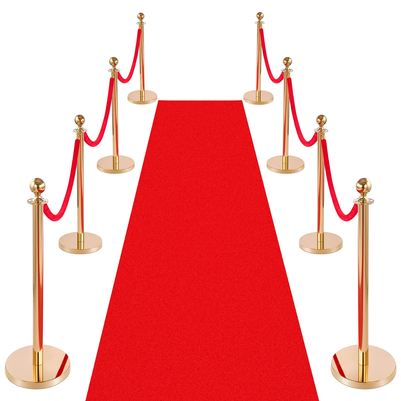 VEVOR Gold Stainless Steel Stanchion Post Set - 8 Crowd Control Barriers, 6 Red Velvet Ropes, Red Carpet, Fillable Hollow Base, Refined Metal Finish, Quick Assembly, Portable Indoor for Hotel Crowd Management, Organized Entrance