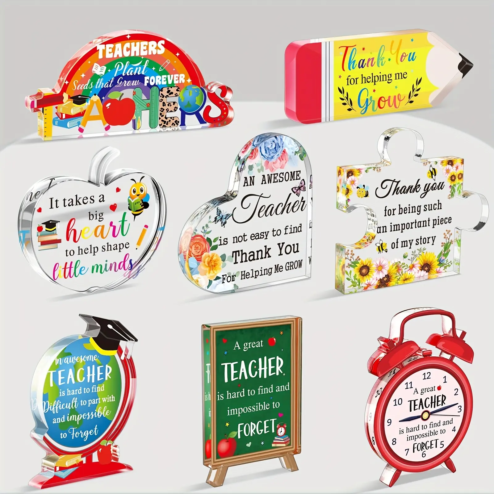 8 Pcs Acrylic Decorative Plaque Teacher Appreciation Gifts, Unique Teacher Birthday Decor, Paperweight Keepsake for Classroom and Office Desk, Desk Signs Ornament