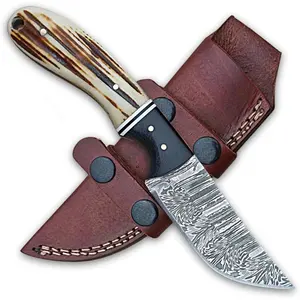 Handmade Full Tang Damascus Hunting Knife with Leather Sheath Horizontal Carry - Damascus Fixed Blade Knife Stag Horn Handle Survival Supplies Survival Tools