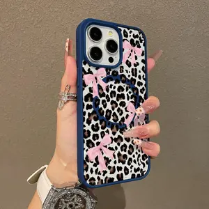 Leopard Print Bow Pattern Premium Magnetic Phone Cases for iPhone 17 Pro Max Plus Air/ 16 15 14 Pro Max 13 12 11 Plus Silicone Shockproof Protection Slim Fitted Non-Slip Durable Case