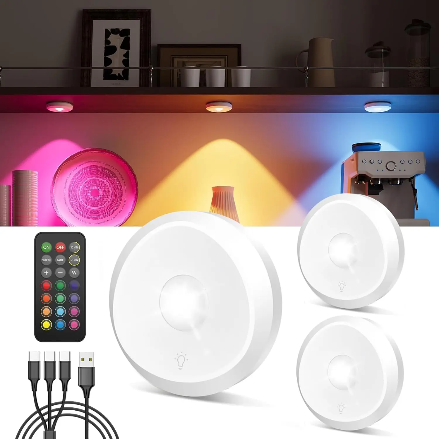 Gold Wireless Picture Lights for Wall, 2600mAh Rechargeable Battery Operated Art Light, RGB Color Changing LED Puck Lights with Remote Timer, Dimmable Cordless Gallery Wall Sconces for Canvas Paintings Photo Frames Displays, Aesthetic Room Decor Lightings