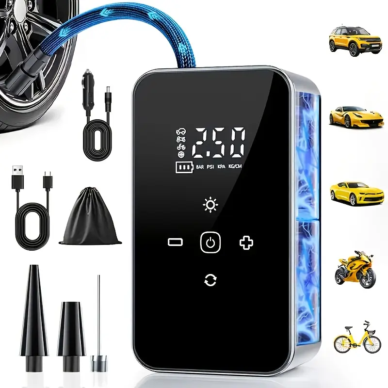 Wireless portable tire inflator pump, digital tire pressure gauge, automatic shut-off, car emergency air compressor, compatible with vehicles, bicycles, sports balls, multiple nozzle accessories + USB charging function