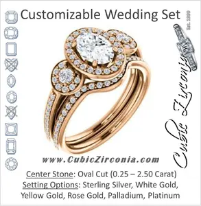 CZ Wedding Set, featuring The Téa engagement ring (Oval Cut Customizable 3-Stone Cathedral-Halo with Accented Band)
