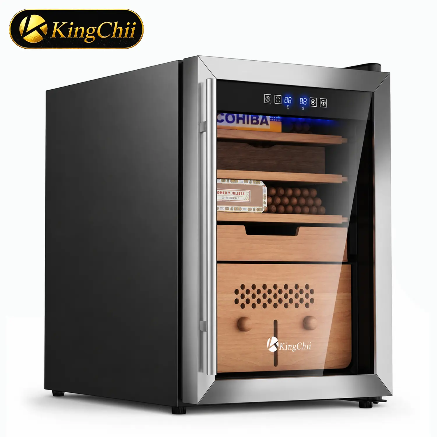 KINGCHII 58L Smart Compressor Climate Cabinet, 2-Way Auto Climate Control, Premium Aromatic Wood Shelves, 400-Count Capacity, Professional Grade Storage