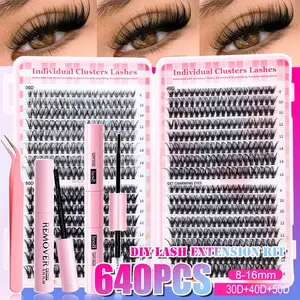 640pcs Eyelash Extension Kit with Glue Tweezers Remover Cream D Curl Mixed 8-16mm Capacity Suitable for Home Application Beginner Friendly