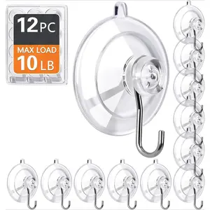 Suction Cup Hooks 12/16Pack - Max Load 10LB, 1.77Inch Clear Medium Suction Cups, No Trace, Reusable & Removable, Stainless Steel Hooks, for Tile, Glass, Window, Shower, Kitchen, Bathroom