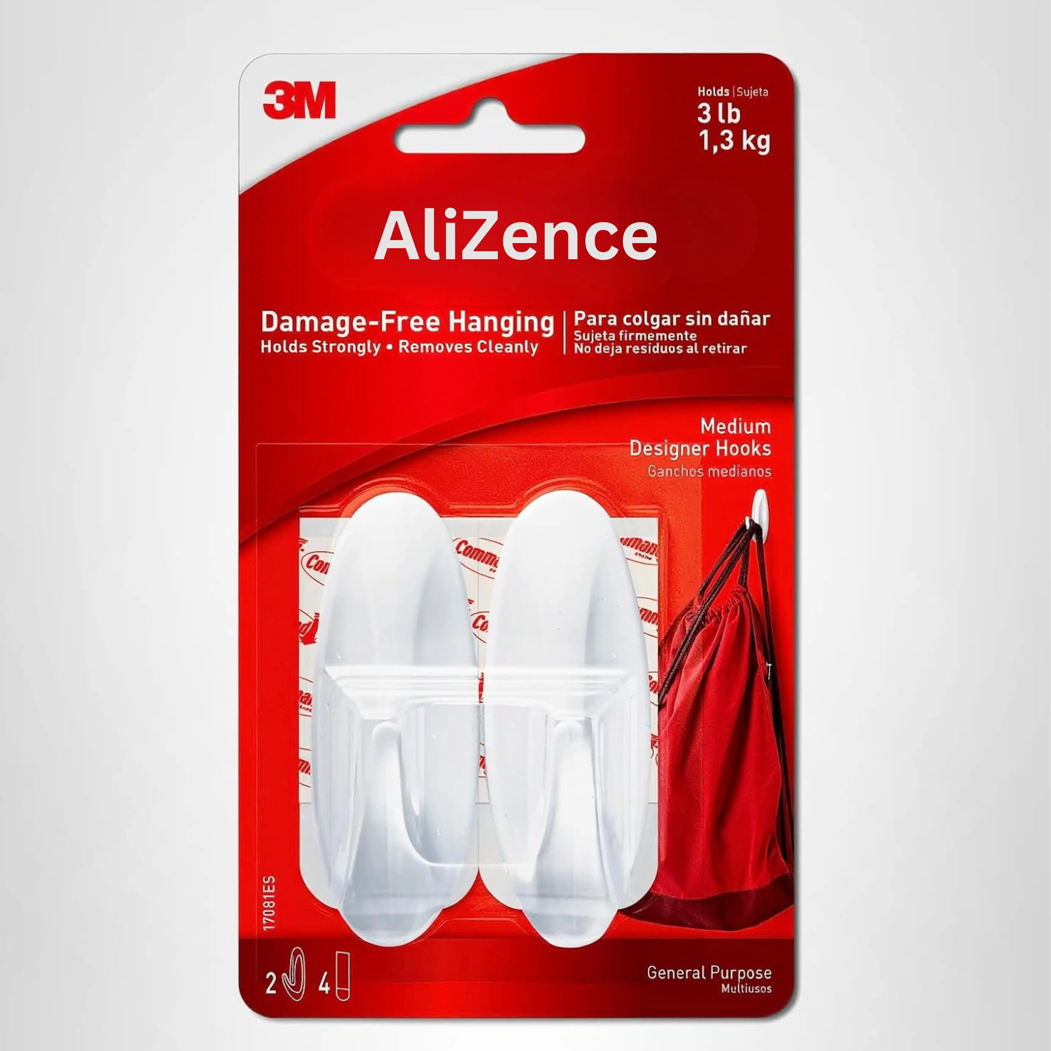 AliZence Medium Designer Hooks, 2 Hooks and 4 Command Strips, Damage-Free Hanging Wall Hook with Adhesive Strips, No Tools Great for Hanging, Organization and Storage, Holds up to 3 lb (Pack of 6)