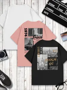 Men's Letter & City Print Drop Shoulder Tee, Loose Casual Short Sleeve Round Neck T-shirt for Summer, Men's Top for Daily Wear