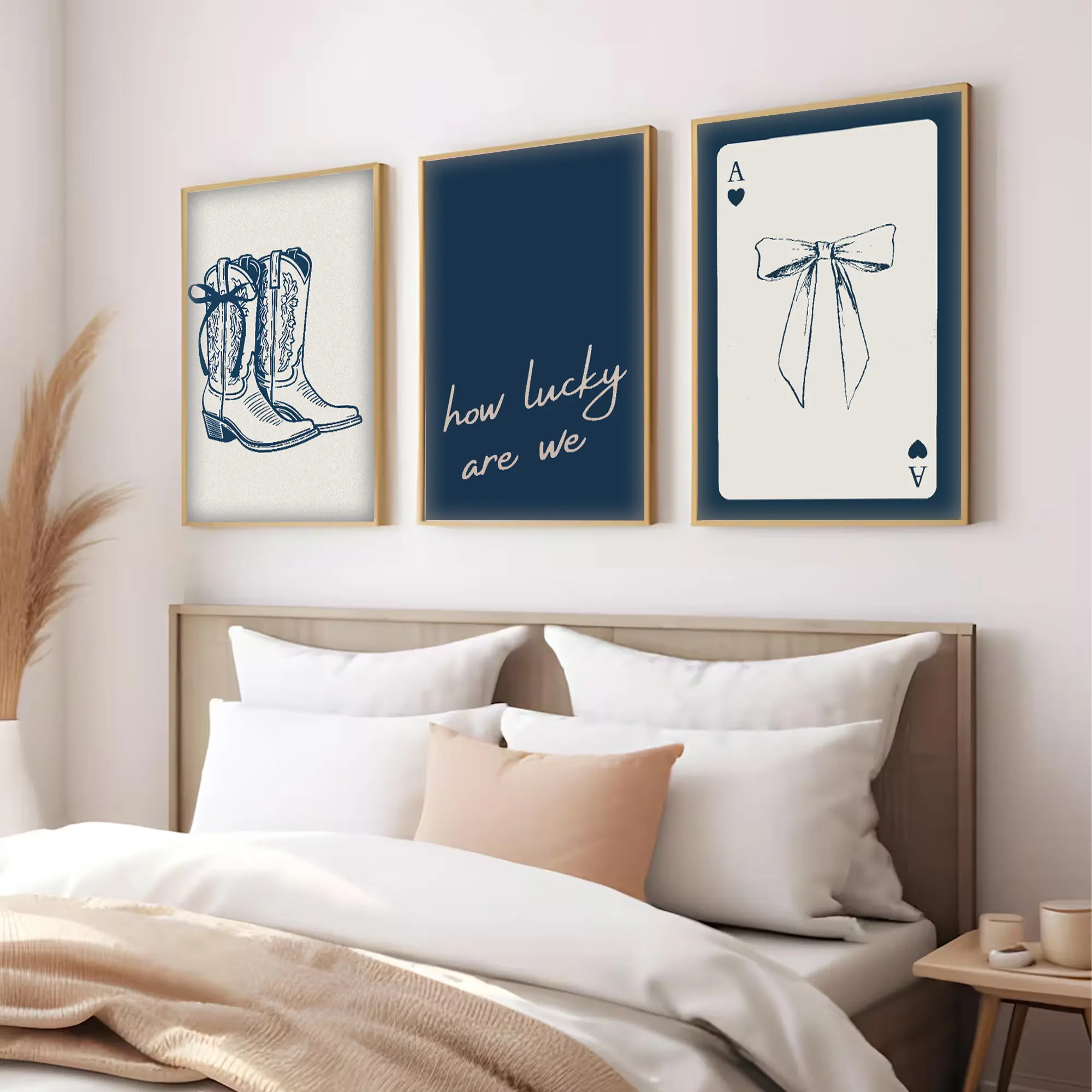Navy How Lucky Are We Set of 3 Poster, Coastal Cowgirl Print, Girly Western Wall Art Decor, Cute Apartment Aesthetic, Trendy Wall Art