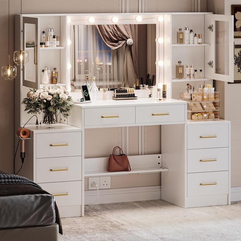 58.3”Vanity Desk with Mirror and Lights & Charging Station,Bedroom Dressing Table,Large Vanity Set,8 Drawers and 2 Cabinets,Makeup Vanity Table with Charging Station, Without Stool