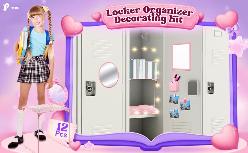Locker Accessories Kit Included Locker Shelf Magnetic Mirror Pen Holder Whiteboard Marker Faux Fur Rug Light String and Magnet for Back to School Essentials