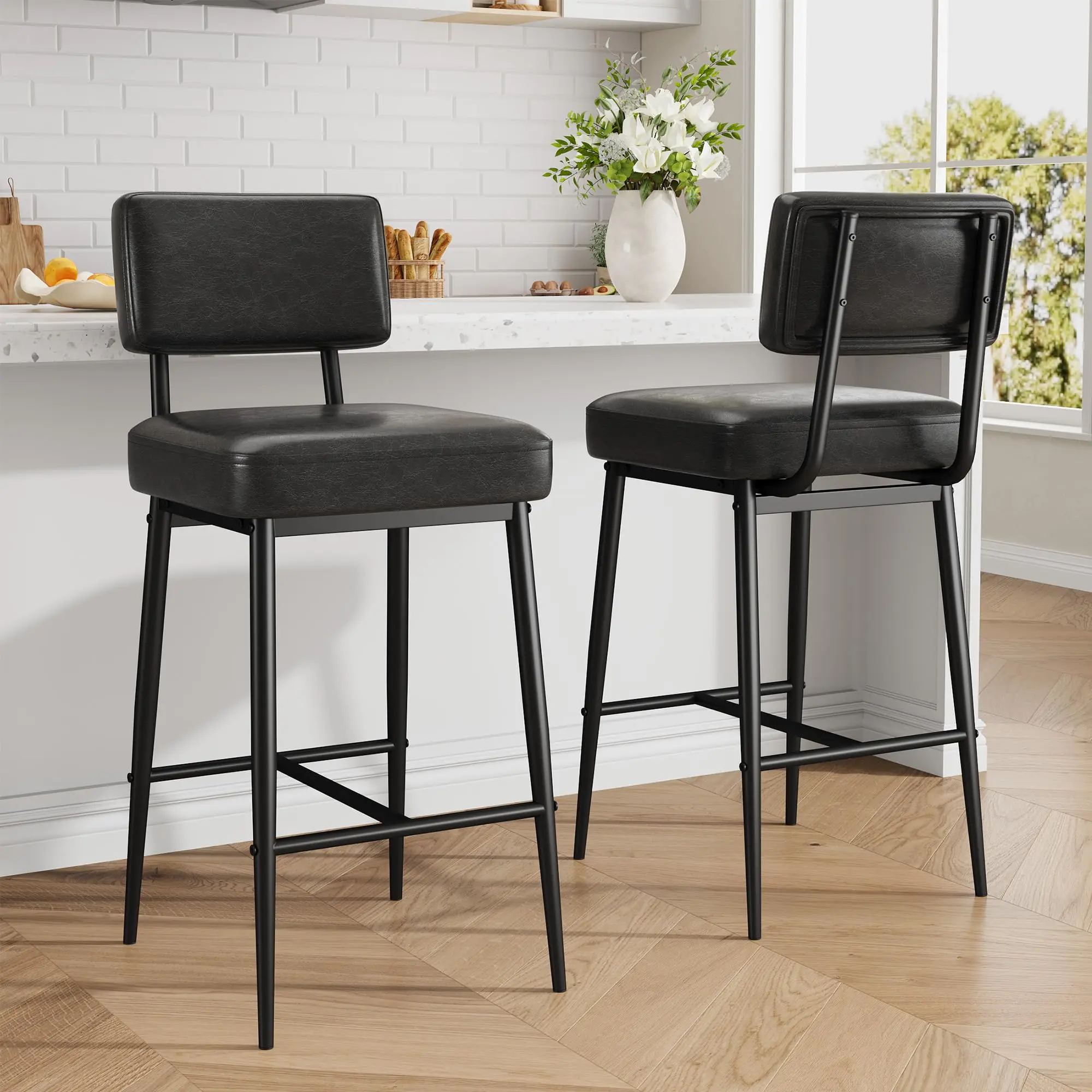 Garvee Set of 2 Modern 26-Inch Bar Stools with Black Synthetic Leather Upholstery, Metal Legs, and Backrest - Perfect for Kitchen Islands, Counters, and Bars