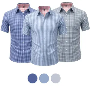 Men's Short Sleeve Plaid Dress Shirts Regular Fit Button Down Casual Summer Shirts with Chest Pocket - 3 Colors (Navy Blue/Light Blue/Silver Grey) Lightweight Wrinkle-Resistant Business Casual Shirts for Work Office Travel