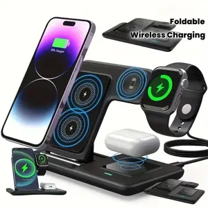 3-in-1 Wireless Charging Station 15W Fast Charger Stand with QC3.0 Adapter for iPhone Portable Space-Saving Safe Fast Charging with Anti-Slip Base and Sleep-Friendly Indicator Lights