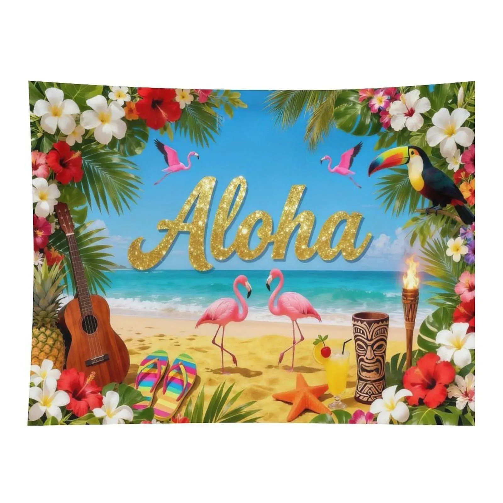 Tropical Aloha Golden Glitter Text Pink Flamingo Palm Bird Hibiscus Beach Summer Wall Tapestry Wall Hanging, Hawaiian Luau Party Bright Floral Coastal Decor for Girls Bedroom Backdrop