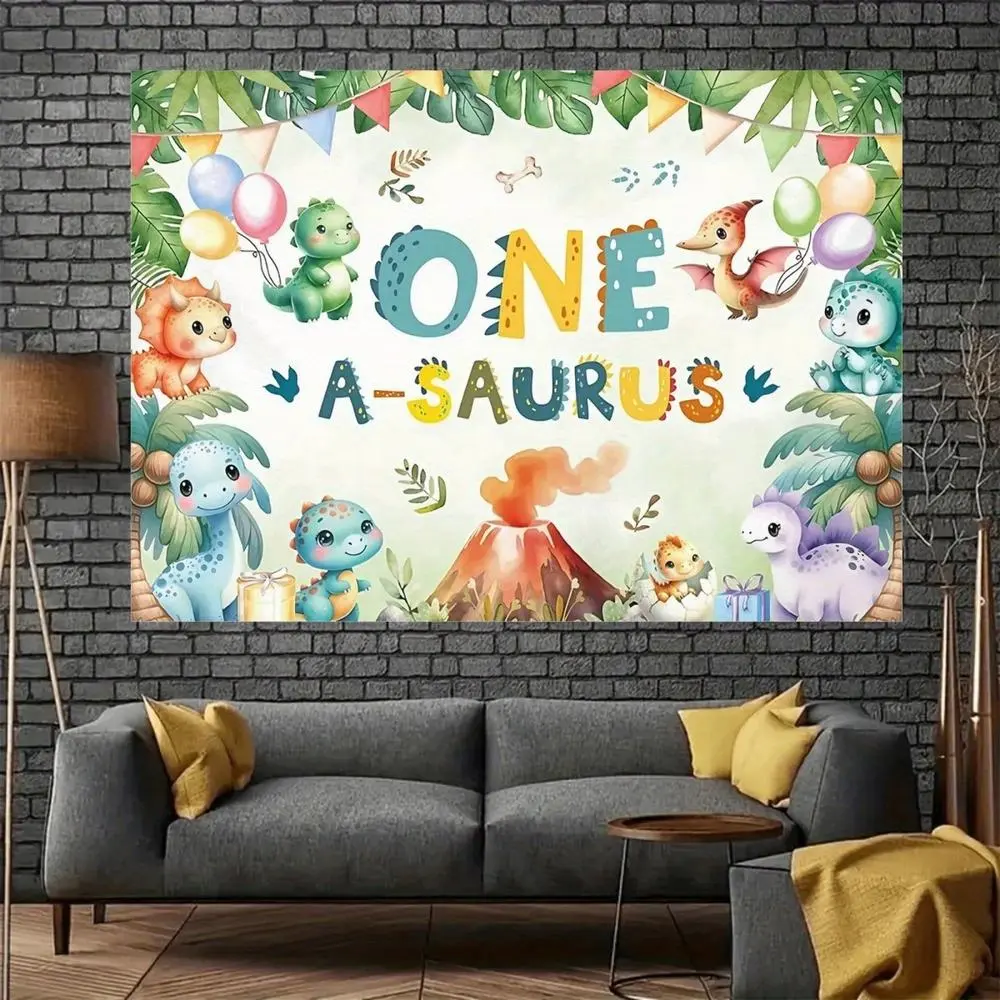 1PC Polyester Reusable Cute Dinosaur-Jungle Themed 1st Birthday Party Backdrop, Letter Balloons Compatible Photo Banner, Baby First Birthday Wall Decor