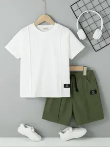 Two-piece Set Boy's Letter Patched Short Sleeve T-shirt & Fake Drawstring Shorts Set, Casual Round Neck Tee & Shorts for Summer, Kids Clothes for Children Daily Wear, Athletic Kids Clothing, Husky Boy Clothes, Matching Set