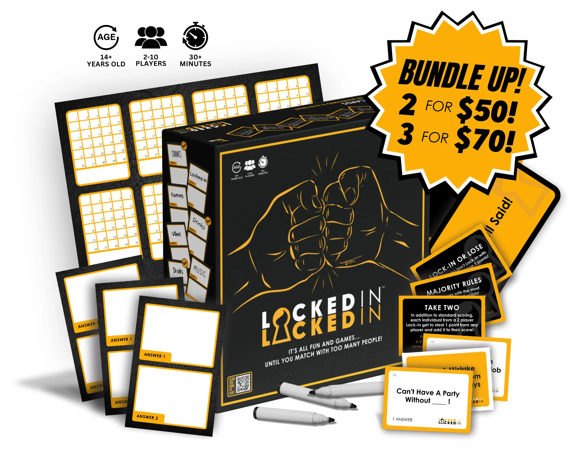 Locked-In: The Ultimate Party Game for 2-10 Players - 400 Prompt Cards, 14 Wild Cards, 10 Answer Boards, Markers & Voting Cards! Perfect for Game Nights, Group Trips & Icebreakers - Fun Social Showdown with Voting Cards & Wild Card Flips