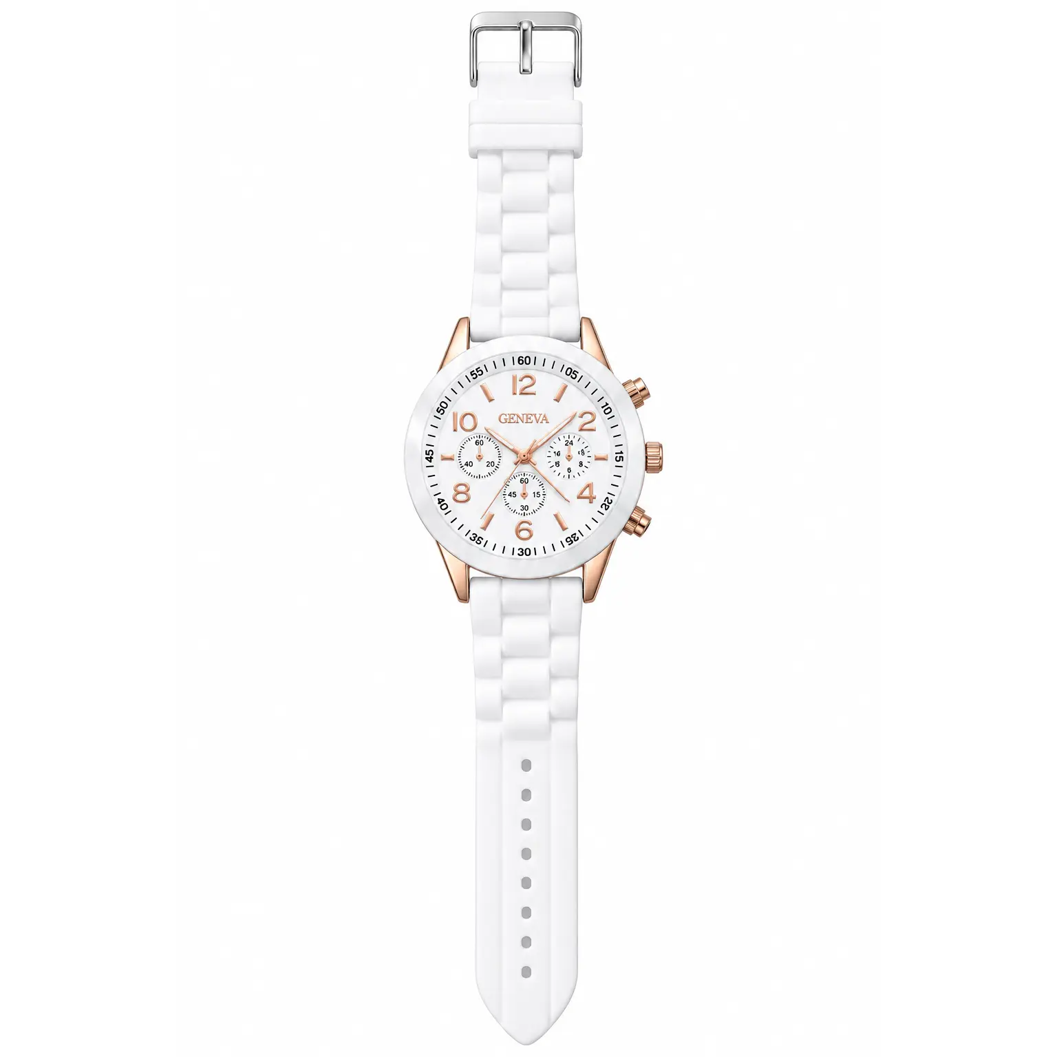 Geneva White Silicone Strap Chronograph Watch with Rose Gold Accents and Multiple Subdials