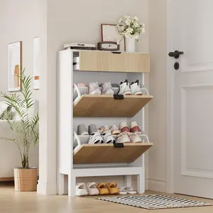 Farmhouse Narrow White Floor-Standing Shoe Storage Cabinet, Rustic Metal Frame Organizer with 2 Flip-Up Drawers, 1 Compartment Drawer & Adjustable Shelves, Double-Compartment Space-Saving Entryway Rack (Holds 12-20 Shoes), Adjustable Shoe Storage