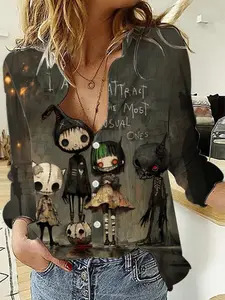 Dark Gothic Cartoon Monster Print Long Sleeve Shirt for Women, Autumn Winter Casual Fitted Top, Elegant Woven Fabric, Spring & Fall Wear, Womenswear