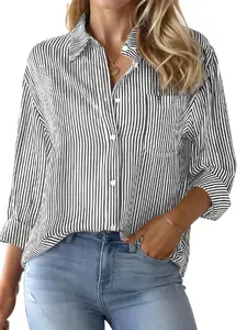 Women's Vertical Striped Button Down Shirt, Casual Roll-Up Long Sleeve Blouse with Chest Pocket, Loose Fit Lightweight Top, Office & Daily Wear, Trendy OOTD Essential, Womenswear
