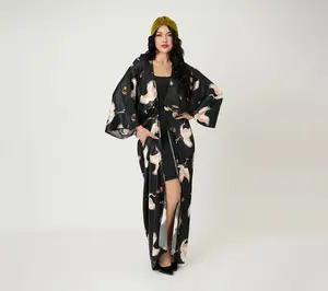 Unique Vintage Black & White Crane Long Kimono