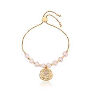 Ettika Sand Dollar Adjustable Bracelet – 18k Gold Plated Bracelet with Cubic Zirconia & Freshwater Pearl, Elegant Coastal-Inspired Design