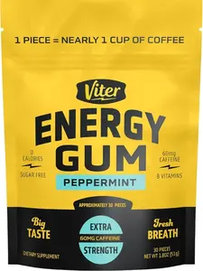 Viter Energy 60mg Caffeine Gum (Peppermint Flavor, 30 Pieces) - Sugar Free, Vitamin B3, B6, B9, B12, Zero Calories, Caffeinated Energy Chews, Nootropic Focus Supplement for Men & Women