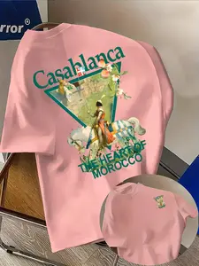 Men's Casual T-Shirt with Casablanca Letter Pattern, Fashion Double-Sided Print, Round Neck, Comfortable Polyester, Street Style