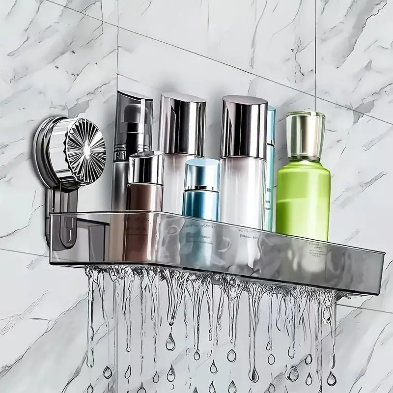 Thick Transparent Plastic Wall-Mount Bathroom Shelf - No Drilling Strong Suction Cup Base, Drainage Holes, Heavy-Duty Adhesive Organiser for Toiletries, Skincare Products