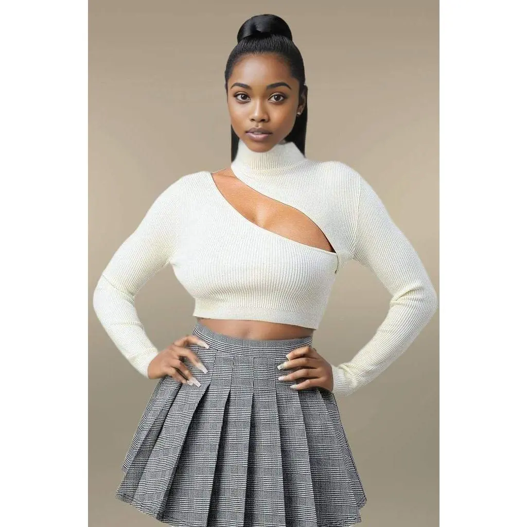 Lux Sweater Rib Cutout Mock Neck Crop Top