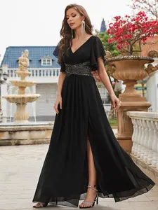 Elegant Formal V Neck Chiffon Fabric Maxi Dress with Bell Sleeves, Sequined Waist, High Slit Design for Evening Parties, Graceful Party Gown for Women Formal Wear Garment