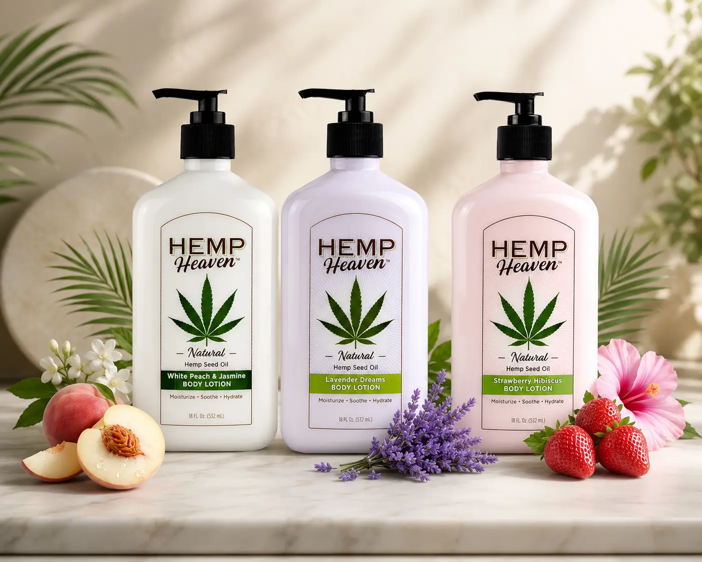 Hemp Heaven Body Lotion Bundle of 3 – Natural Hemp Seed Oil Moisturizer, White Peach & Jasmine, Lavender Dreams & Strawberry Hibiscus, Paraben-Free, EWG Verified, Anti-Aging Formula, 18 oz Each, Made in USA, for Men & Women, Silky, Body Care, Restore, Sce