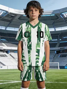 Green and white Nigeria football suit, Soccer jersey outfit: V-neck sports short-sleeve and shorts set, 100% polyester, casual and loose fit, It features summer casual, printed patterns, suitable for summer outdoor physical activities and daily casu
