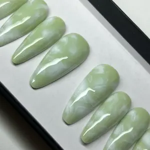 Glossy Sage Marble Nails - Handmade Gel X Nails with Reusable Design