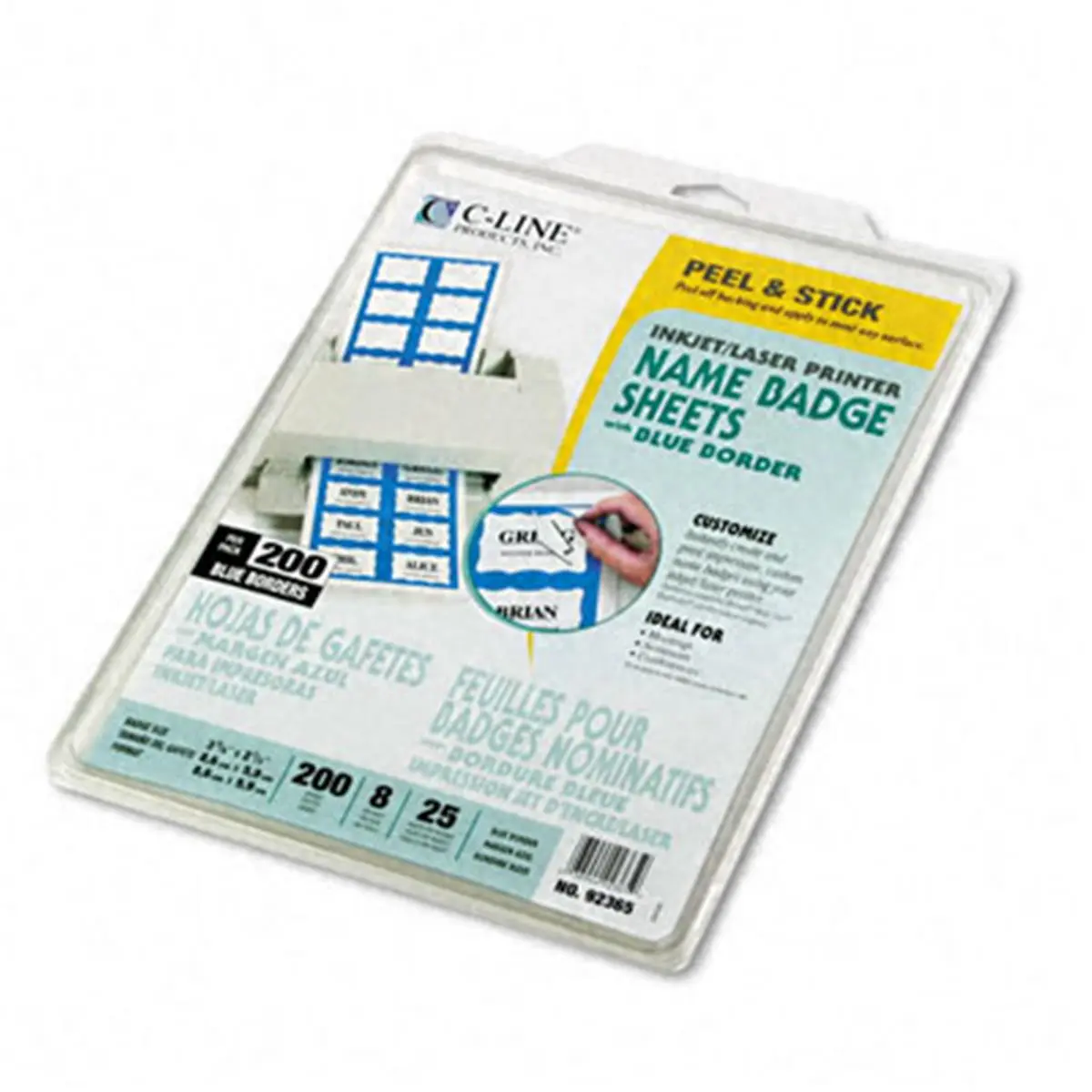 C-Line 92365 Self-Adhesive Border-Style Name Badges, 2x3.375in Blue, 200 Per Box, Ink Jet Laser Compatible, No-Paper Name Decal Labels for Office Identification Supplies