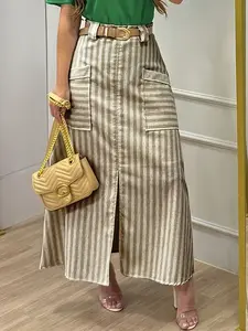 Spring Summer New Striped A-Line Skirt, Split Long Dress, Casual for Women, Stylish Half-Sleeve Design, Perfect for Daily Wear