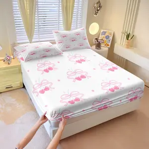 Cute Pink Cherry Bow Print Fitted Sheet Set,Kawaii Aesthetic Bed Sheet Set,1 Fitted Sheet with 2 Pillow Cases,Girly Kawaii Bow Printed Bedroom Decor Bedding Set,and a Deep-Fit ​​Fitted Sheet, Perfect for a Fairytale-Themed Bedding Set, Bed Sheets Set
