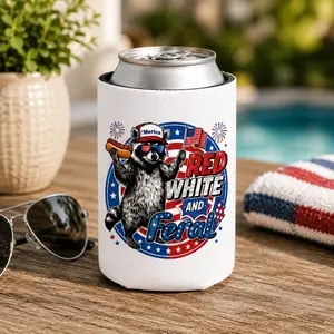 Red White and Feral Raccoon Can Cooler | 4th of July Patriotic Koozie