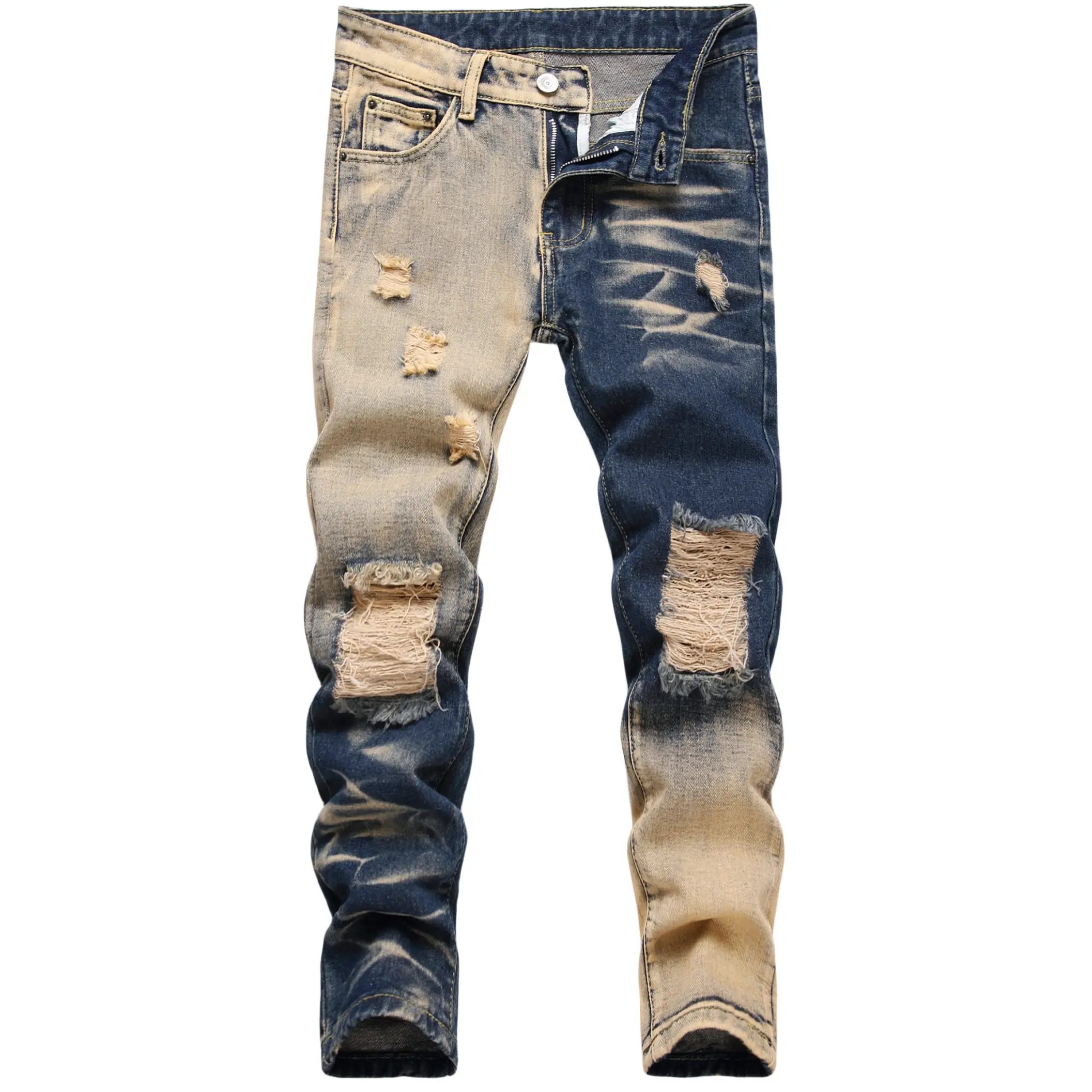 Boys' Hole Skinny Jeans, Japanese Street Style Ripped Distressed Denim with a Zip Fly and 5 Pockets for Casual Wear, Streetwear, Party, Holiday, Mid Waist, Colorblock, All Seasons