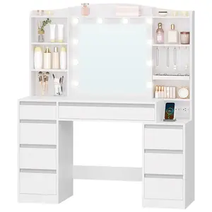 47.2'' Large Vanity Desk with a Mirror, Vanity with LED Light, Makeup Vanity with Power Strip, 8 Drawers and 8 Shelves,Simple, White